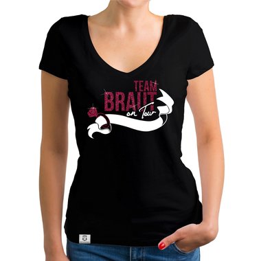 Damen JGA T-Shirt V-Ausschnitt - Team Braut on Tour - Personalisierbar weiss-pinkglitzer XXL