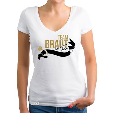 Damen JGA T-Shirt V-Ausschnitt - Team Braut on Tour - Personalisierbar weiss-pinkglitzer XXL