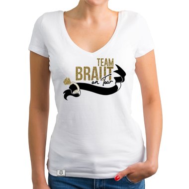 Damen JGA T-Shirt V-Ausschnitt - Team Braut on Tour - Personalisierbar weiss-pinkglitzer XXL