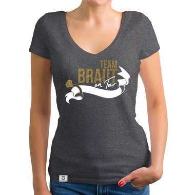 Damen JGA T-Shirt V-Ausschnitt - Team Braut on Tour - Personalisierbar weiss-pinkglitzer XXL