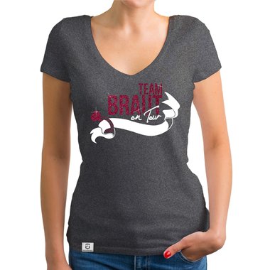 Damen JGA T-Shirt V-Ausschnitt - Team Braut on Tour - Personalisierbar weiss-pinkglitzer XXL