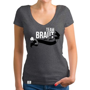 Damen JGA T-Shirt V-Ausschnitt - Team Braut on Tour - Personalisierbar weiss-pinkglitzer XXL