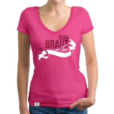 Damen JGA T-Shirt V-Ausschnitt - Team Braut on Tour - Personalisierbar weiss-pinkglitzer XXL