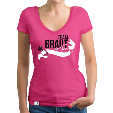 Damen JGA T-Shirt V-Ausschnitt - Team Braut on Tour - Personalisierbar weiss-pinkglitzer XXL