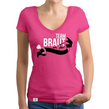 Damen JGA T-Shirt V-Ausschnitt - Team Braut on Tour - Personalisierbar weiss-pinkglitzer XXL