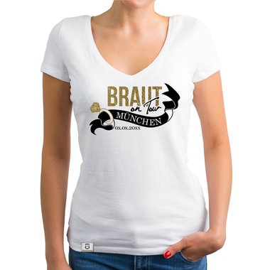 Damen JGA T-Shirt V-Ausschnitt - Braut on Tour - Personalisierbar