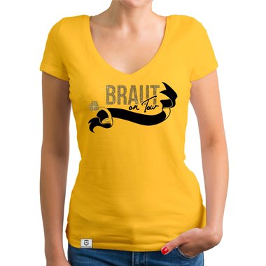 Damen JGA T-Shirt V-Ausschnitt - Braut on Tour - Personalisierbar