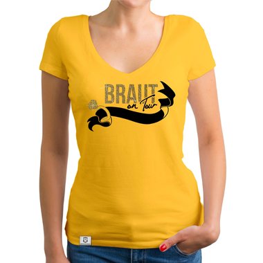 Damen JGA T-Shirt V-Ausschnitt - Braut on Tour - Personalisierbar
