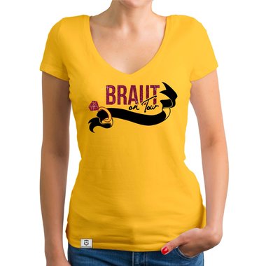 Damen JGA T-Shirt V-Ausschnitt - Braut on Tour - Personalisierbar
