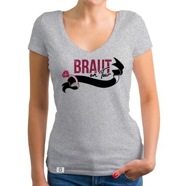 Damen JGA T-Shirt V-Ausschnitt - Braut on Tour - Personalisierbar