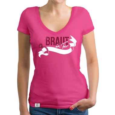 Damen JGA T-Shirt V-Ausschnitt - Braut on Tour - Personalisierbar