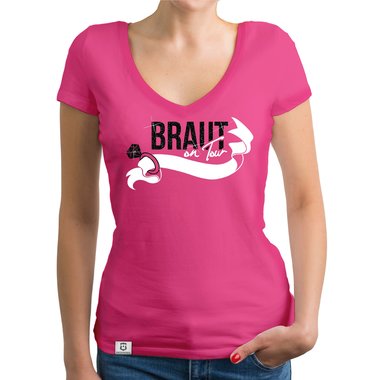 Damen JGA T-Shirt V-Ausschnitt - Braut on Tour - Personalisierbar