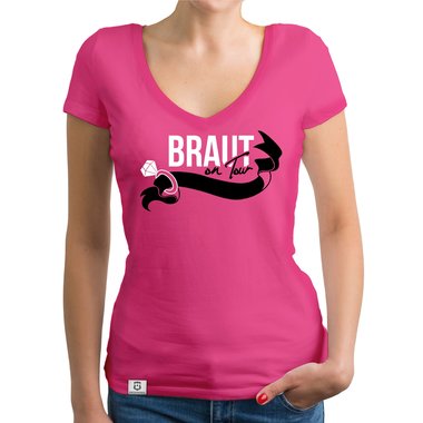 Damen JGA T-Shirt V-Ausschnitt - Braut on Tour - Personalisierbar