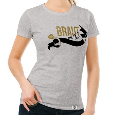 Damen JGA T-Shirt - Braut on Tour - Personalisierbar dunkelblau-goldglitzer S
