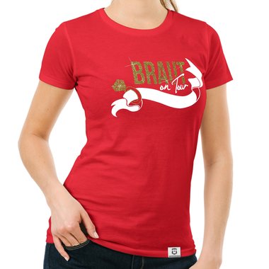 Damen JGA T-Shirt - Braut on Tour - Personalisierbar dunkelblau-goldglitzer S