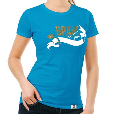 Damen JGA T-Shirt - Braut on Tour - Personalisierbar dunkelblau-goldglitzer S