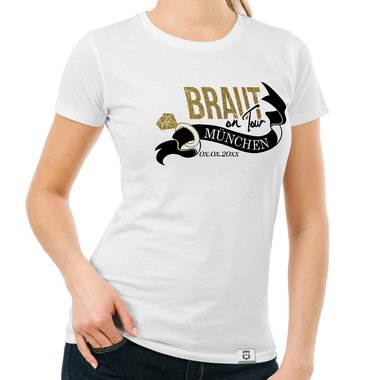 Damen JGA T-Shirt - Braut on Tour - Personalisierbar dunkelblau-goldglitzer S