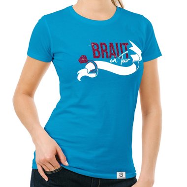 Damen JGA T-Shirt - Braut on Tour - Personalisierbar dunkelblau-goldglitzer S