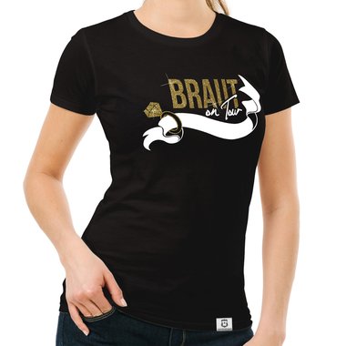 Damen JGA T-Shirt - Braut on Tour - Personalisierbar dunkelblau-goldglitzer S