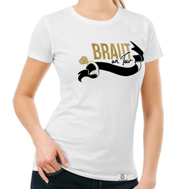 Damen JGA T-Shirt - Braut on Tour - Personalisierbar dunkelblau-goldglitzer S