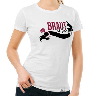 Damen JGA T-Shirt - Braut on Tour - Personalisierbar dunkelblau-goldglitzer S