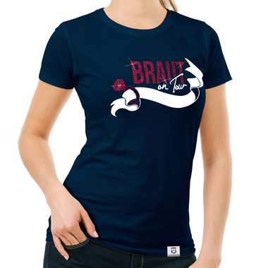 Damen JGA T-Shirt - Braut on Tour - Personalisierbar dunkelblau-goldglitzer S
