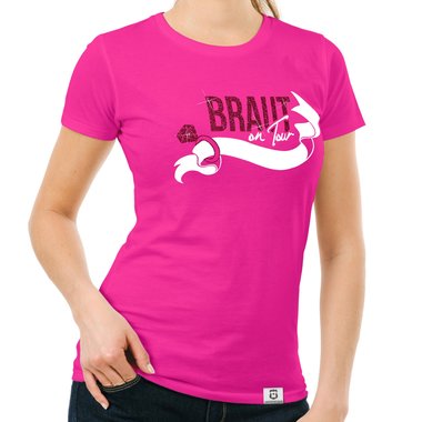 Damen JGA T-Shirt - Braut on Tour - Personalisierbar dunkelblau-goldglitzer S