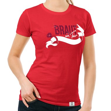 Damen JGA T-Shirt - Braut on Tour - Personalisierbar weiss-pinkglitzer XXL