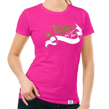 Damen JGA T-Shirt - Braut on Tour - Personalisierbar weiss-pinkglitzer XXL