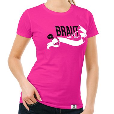 Damen JGA T-Shirt - Braut on Tour - Personalisierbar weiss-pinkglitzer XXL