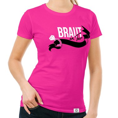 Damen JGA T-Shirt - Braut on Tour - Personalisierbar weiss-pinkglitzer XXL