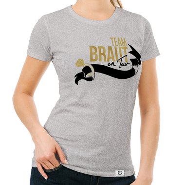 Damen JGA T-Shirt - Team Braut on Tour - Personalisierbar dunkelblau-goldglitzer S