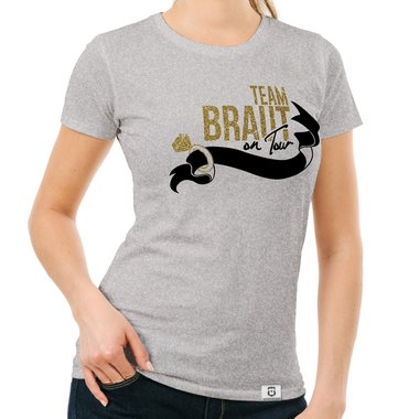 Damen JGA T-Shirt - Team Braut on Tour - Personalisierbar dunkelblau-goldglitzer S