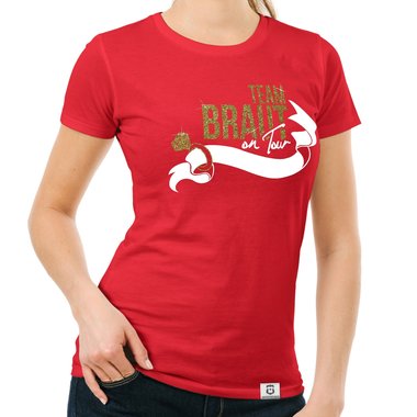 Damen JGA T-Shirt - Team Braut on Tour - Personalisierbar dunkelblau-goldglitzer S