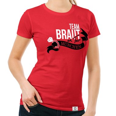 Damen JGA T-Shirt - Team Braut on Tour - Personalisierbar dunkelblau-goldglitzer S
