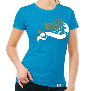 Damen JGA T-Shirt - Team Braut on Tour - Personalisierbar dunkelblau-goldglitzer S
