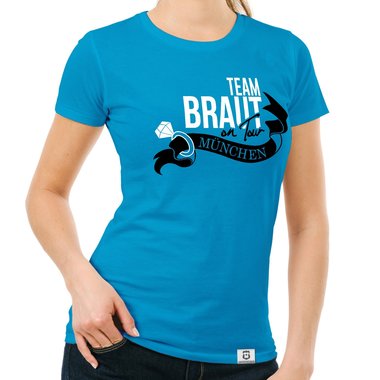 Damen JGA T-Shirt - Team Braut on Tour - Personalisierbar dunkelblau-goldglitzer S