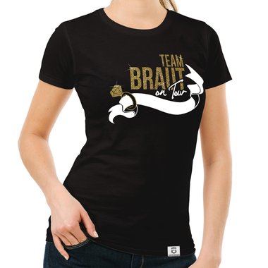 Damen JGA T-Shirt - Team Braut on Tour - Personalisierbar dunkelblau-goldglitzer S