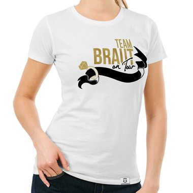 Damen JGA T-Shirt - Team Braut on Tour - Personalisierbar dunkelblau-goldglitzer S