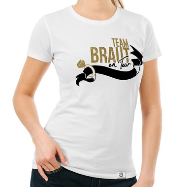 Damen JGA T-Shirt - Team Braut on Tour - Personalisierbar dunkelblau-goldglitzer S