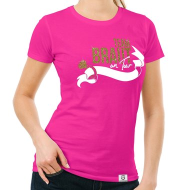 Damen JGA T-Shirt - Team Braut on Tour - Personalisierbar dunkelblau-goldglitzer S