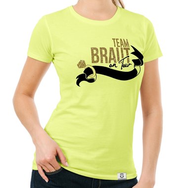 Damen JGA T-Shirt - Team Braut on Tour - Personalisierbar dunkelblau-goldglitzer S