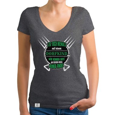 Damen T-Shirt V-Ausschnitt - Leg dich nie mit Dorfkindern an weiss-schwarz XXL