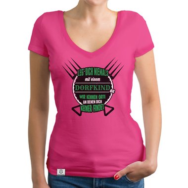 Damen T-Shirt V-Ausschnitt - Leg dich nie mit Dorfkindern an weiss-schwarz XXL