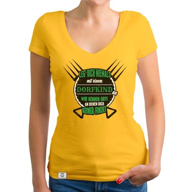 Damen T-Shirt V-Ausschnitt - Leg dich nie mit Dorfkindern an weiss-schwarz XXL