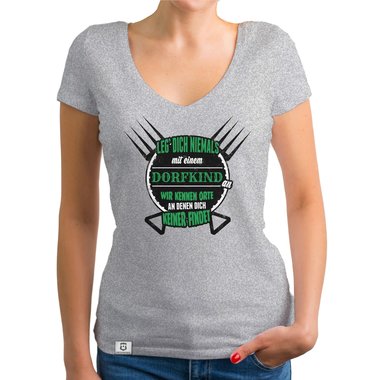 Damen T-Shirt V-Ausschnitt - Leg dich nie mit Dorfkindern an weiss-schwarz XXL