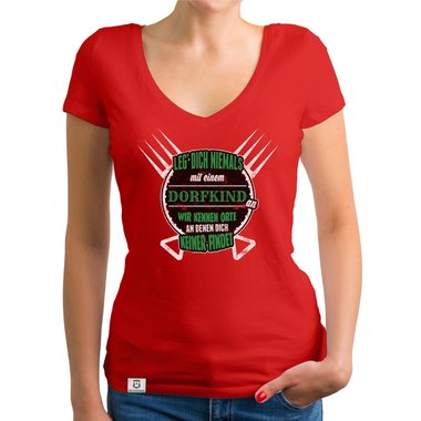 Damen T-Shirt V-Ausschnitt - Leg dich nie mit Dorfkindern an weiss-schwarz XXL
