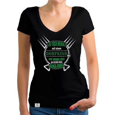 Damen T-Shirt V-Ausschnitt - Leg dich nie mit Dorfkindern an weiss-schwarz XXL
