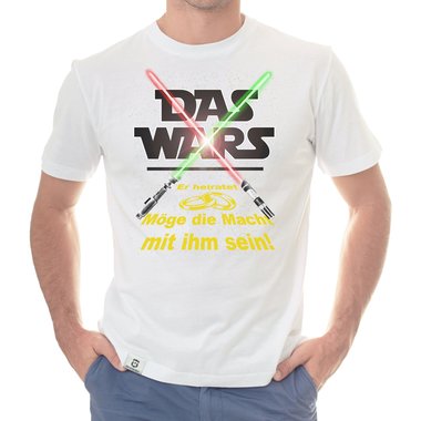 Herren JGA T-Shirt - Das Wars- Er heiratet - Lichtschwert dunkelblau-gelb S