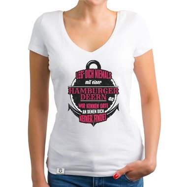 Damen T-Shirt V-Ausschnitt - Leg dich niemals mit hamburger Deerns an!